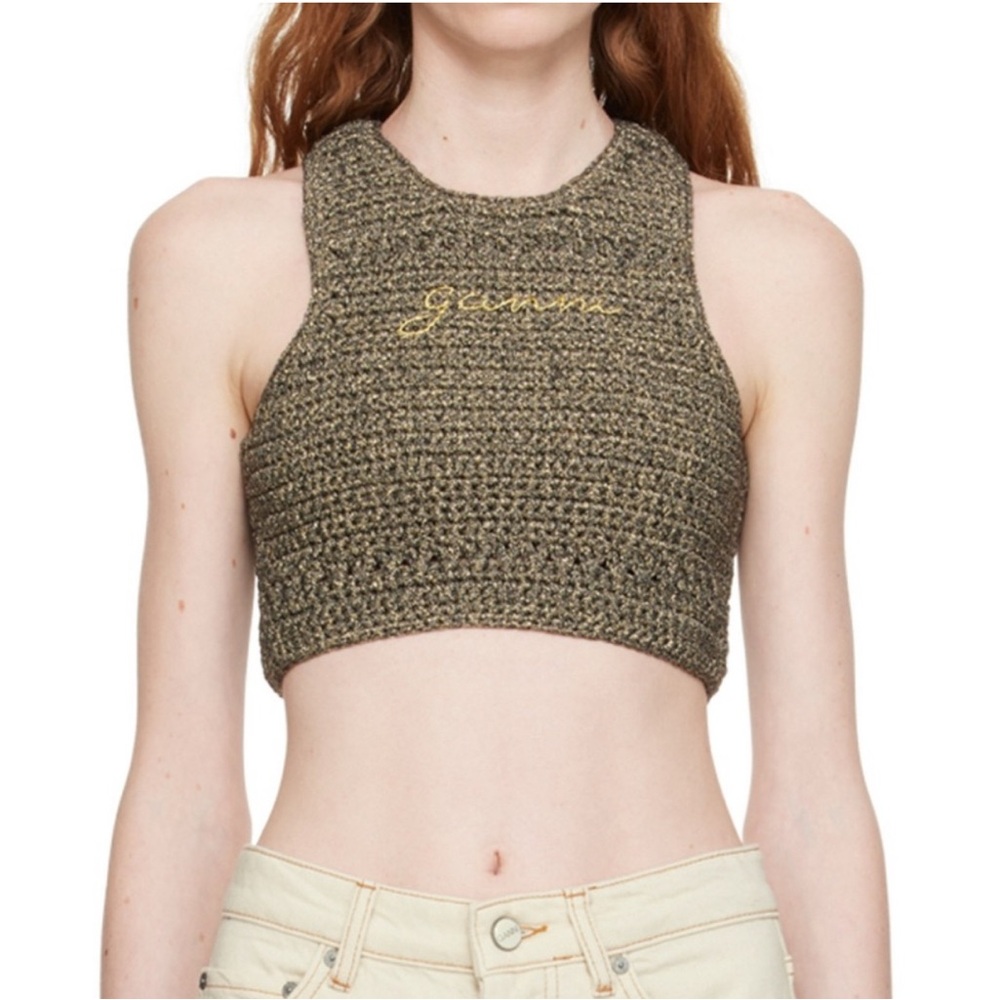 Ganni Women's Olive Cropped Crochet Top